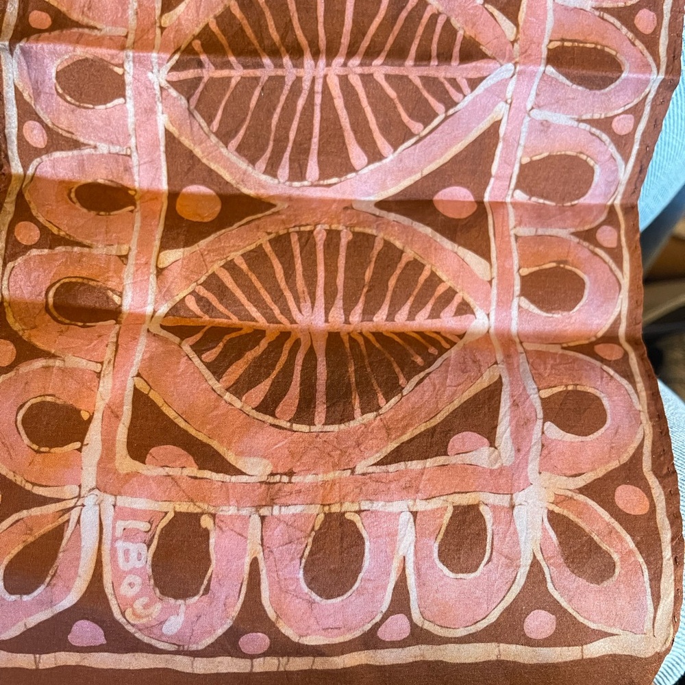Hand-Dyed Batik Silk Scarf Pink Brown Leaf Pattern – 7.25” x 44”